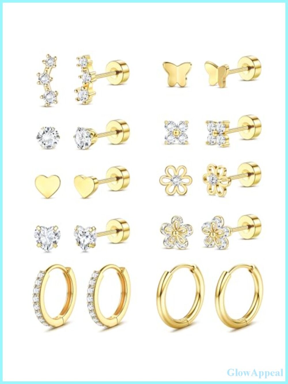 Hypoallergenic 14K Gold Plated Flat Back Stud Earrings Set for Sensitive Ears
